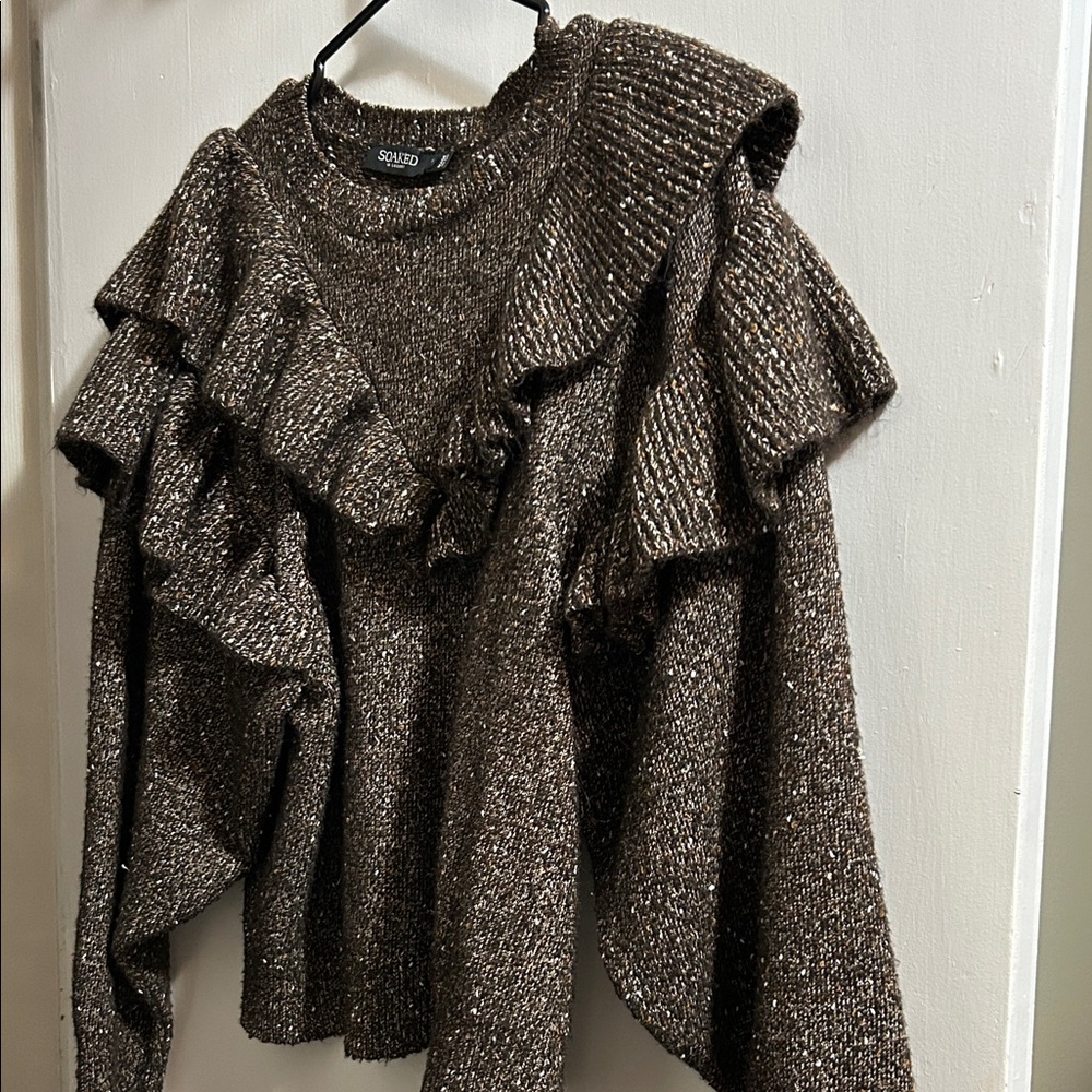 Solid Brown Ruffled Knit Sweater - Picture 2 of 9